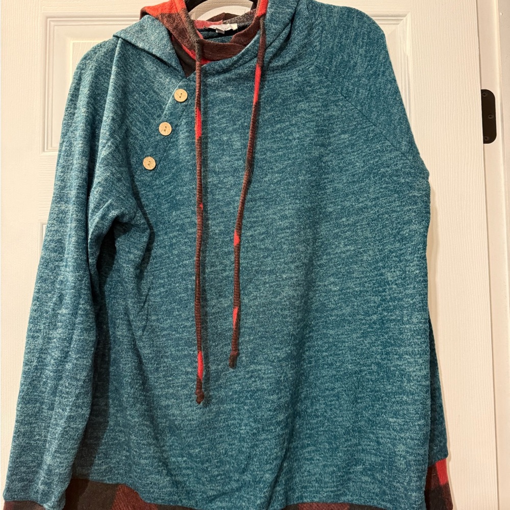 White Birch Teal and Red Women's Hoodie with Button Details